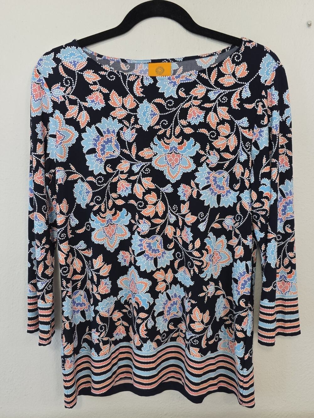 Ruby Rd. Womens Blouse Top Colorful Floral Striped Pattern 3/4 Sleeve Size M